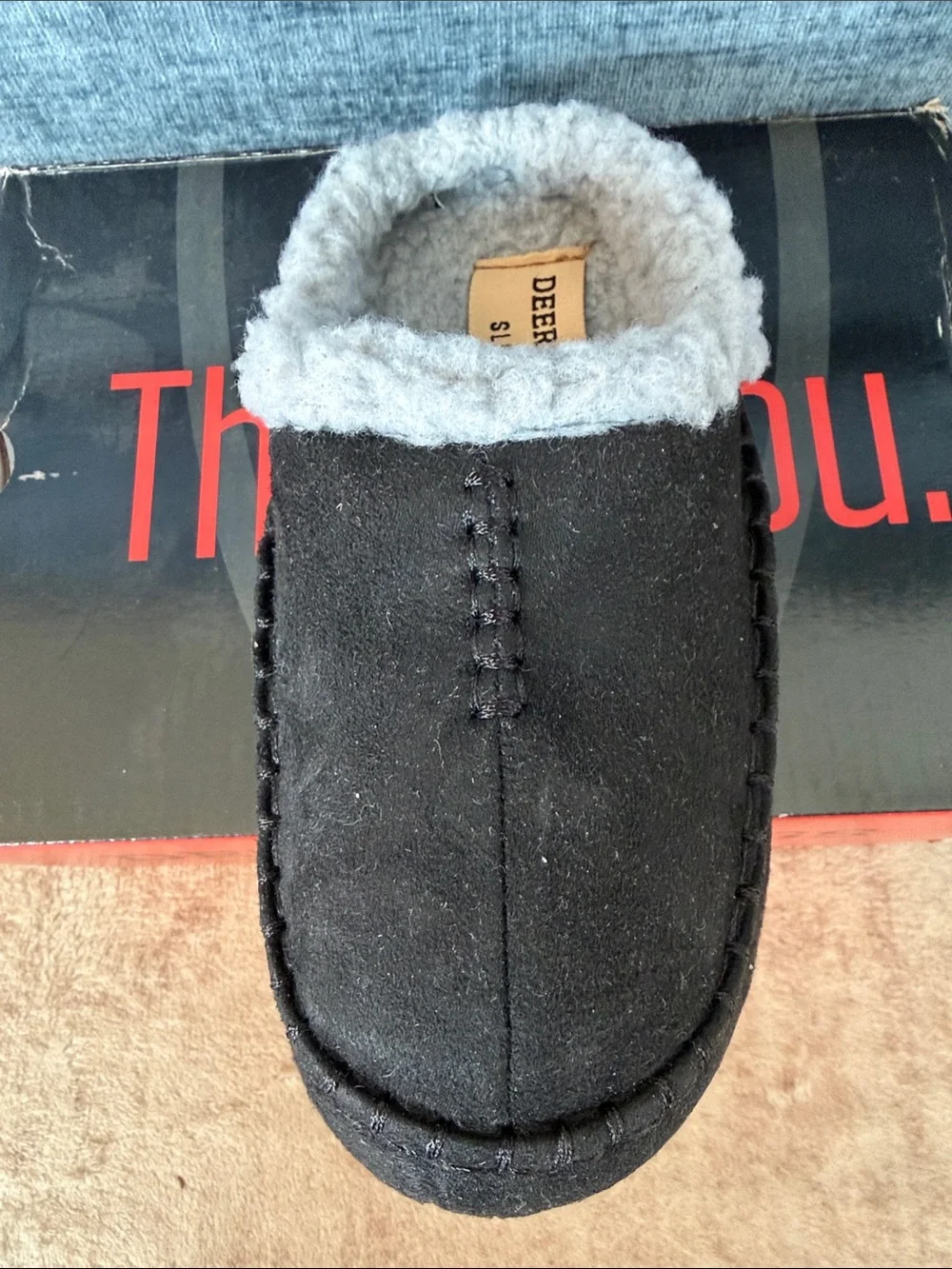 Deer Stags Kids Black Slip-On Slipper with Gray Plush Lining